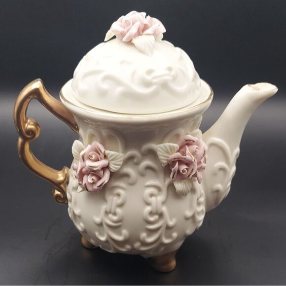 Cracker Barrel 6-Piece Porcelain Capodimonte Tea Set Gold Accents Pink Roses - Picture 7 of 14